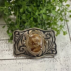 Brown Oval Resin Gemstone Western Belt Buckle Gold Silver Filigree